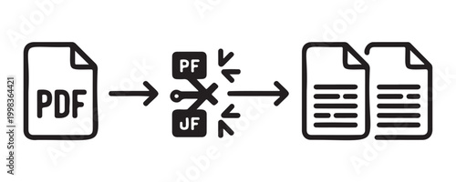 Diagram showing pdf file split process into multiple pages with scissors and arrow icons for document workflow.