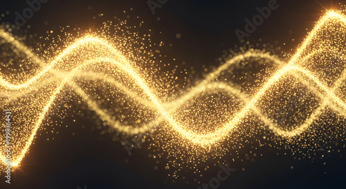 Golden wave particles trail on black background, dynamic light effect