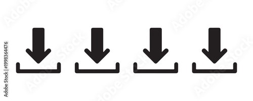 Four identical download icons with arrows pointing down into tray representing file saving process and storage.