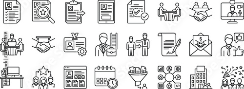 Professional job recruitment and human resources line art icon collection featuring resume, interview, offer letter, and employee symbols in editable stroke style.