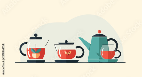 A minimalist vector illustration features several glass and ceramic teapots and cups filled with tea, set against a simple, pale background.