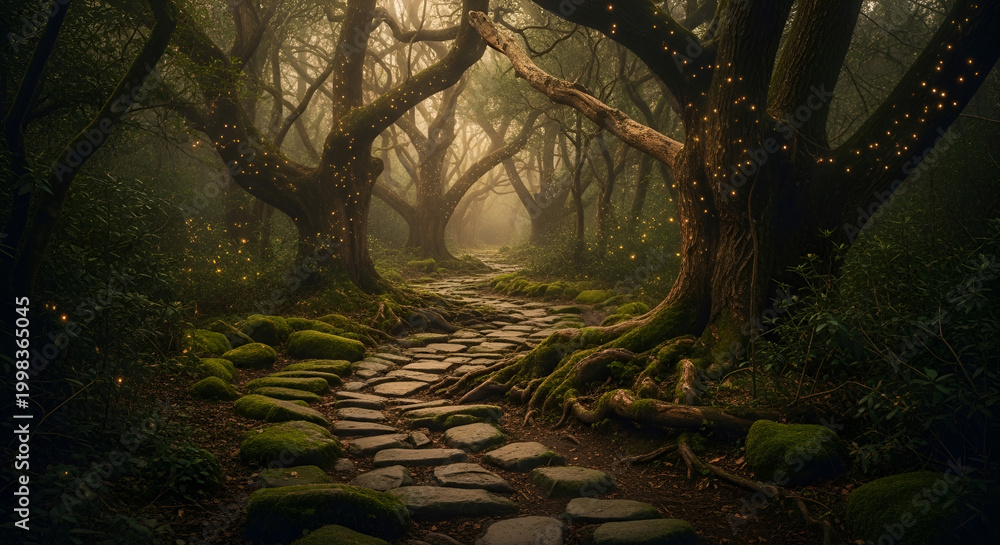 Fototapeta premium Misty forest path with ancient trees and mossy stones