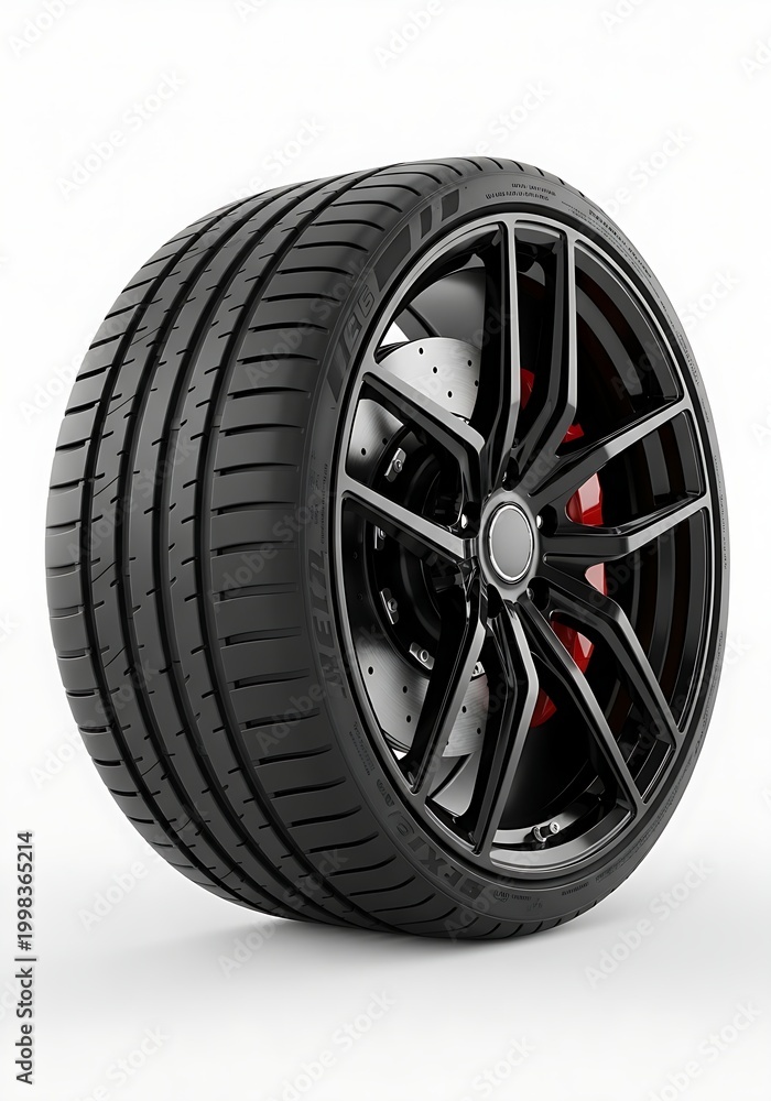 Obraz premium High performance car tire on a black glossy multi spoke rim with red brake calipers isolated on white background.