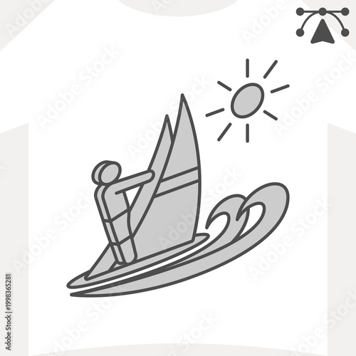 Windsurfer man isometric icon, maritime concept. Vector graphics. Surfer swims on the waves, sun is shining sign and editable stroke, outline style icon for mobile or web design.
