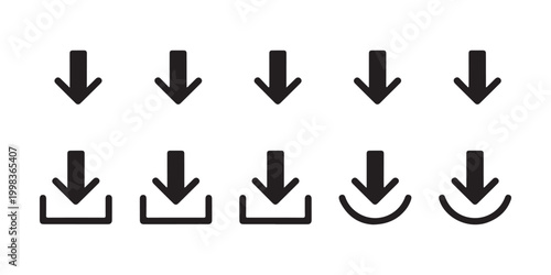 Comprehensive collection of download icons with various arrow styles and container shapes for web graphics.