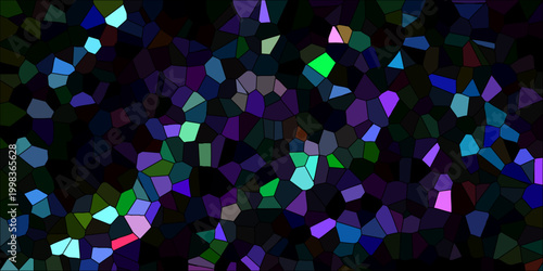 Vibrant Abstract Geometric Mosaic with Luminous Purple Blue and Green Polygons on a Dark Textured Background