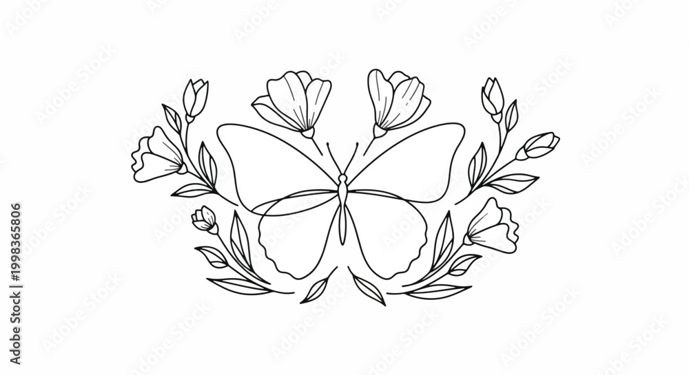 Obraz premium Butterfly Floral Design Line Art Black and White Nature.
