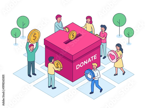 Isometric Vector Illustration of Diverse People Donating Money and Support to a Charity Box for Crowdfunding and Philanthropy