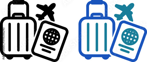 海外旅行を表すスーツケースとパスポートと飛行機のアイコン（Travel Preparation Icon with Suitcase, Passport and Airplane）
