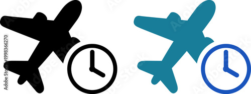 フライト時刻のアイコン｜飛行機と時計のシンプルなピクトグラム（Flight Schedule Icon – Airplane with Clock Symbol）
