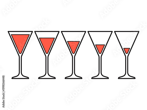 Martini Glass Icon Set Showing Different Liquid Levels, Minimalist Line Art Cocktail Progression Illustration