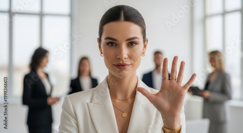 Businesswoman showing five fingers gesture