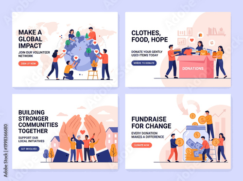Charity and Volunteering Illustration Set: Donation, Community Support, Global Impact, and Fundraising Concepts in Flat Vector Style