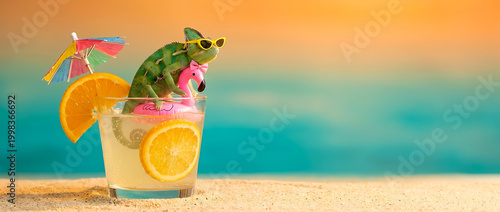 Funny Chameleon in Sunglasses Sitting on Pink Flamingo in Cocktail Glass on Beach Summer Vacation Banner with Copy Space