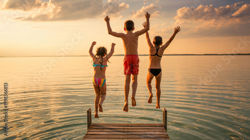 children jumping off dock into lake at sunset high quality professional detailed modern elegant stylish clean