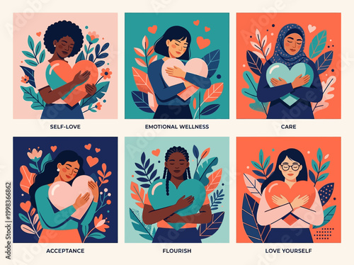 Set of Flat Illustrations featuring Diverse Women Embracing Self-Love, Mental Health Wellness, and Acceptance with Decorative Floral Elements