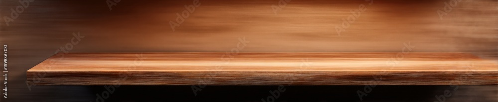 Obraz premium Empty wooden shelf with warm lighting and textured background for product display
