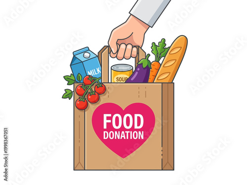 Food Donation Grocery Bag with Heart Logo Held by Hand, Charity and Volunteering Concept Vector Illustration with Healthy Food and Vegetables