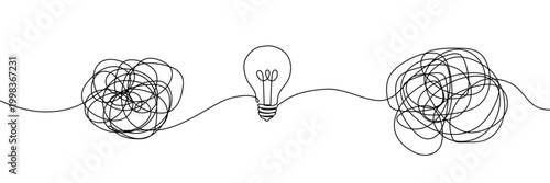 Continuous one line chaos problem scribble simple art icon knot. Chaos problem line complex brain solution tangle messy doodle drawing maze simplify lightbulb understand calm sketch background mess
