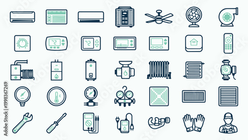 HVAC and Climate Control System Icon Set for Home and Industrial Maintenance