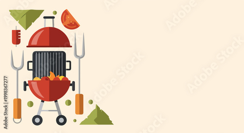 A vibrant flat design illustration of a red charcoal barbecue grill with cooking tools, tomato, and leaves against a light beige background.