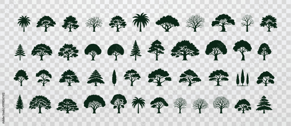 Fototapeta premium Collection of tree silhouettes in flat vector style featuring diverse forest and tropical species arranged in a clean grid layout, ideal for landscape design, maps, games, environmental graphics