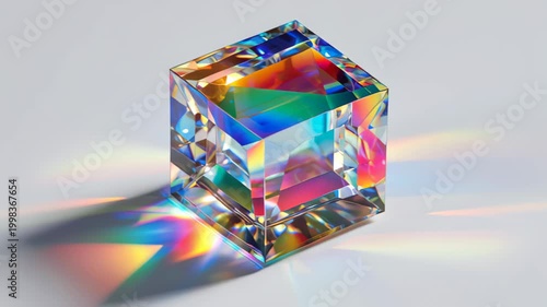 Close-up footage of a transparent crystal cube prism with rainbow refraction and colorful caustic light on a clean white background, abstract luxury and optics concept