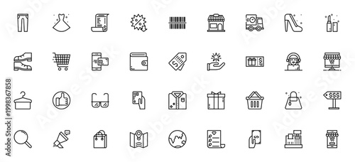 Shopping icon set. Vector illustration pack featuring pants, dress, barcode, shopping cart, online payment, wallet, tag, gift box and more. Editable stroke.