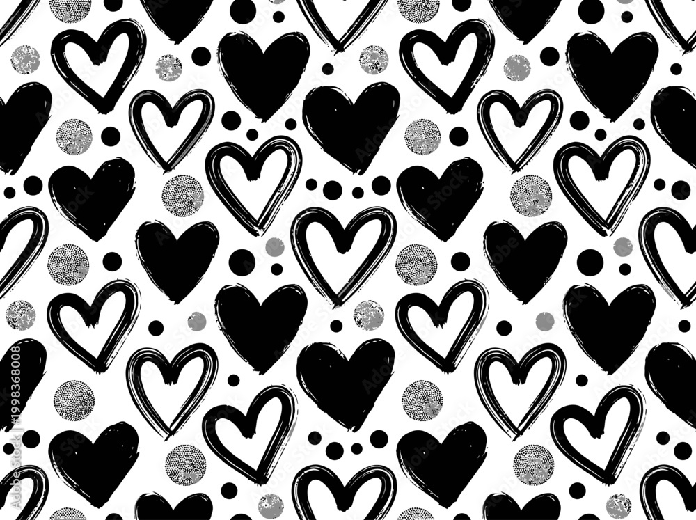 Fototapeta premium Seamless Heart Pattern with Hand-Drawn Brushstrokes and Polka Dots, Black and White Romantic Background for Valentine's Day and Wedding Stationery
