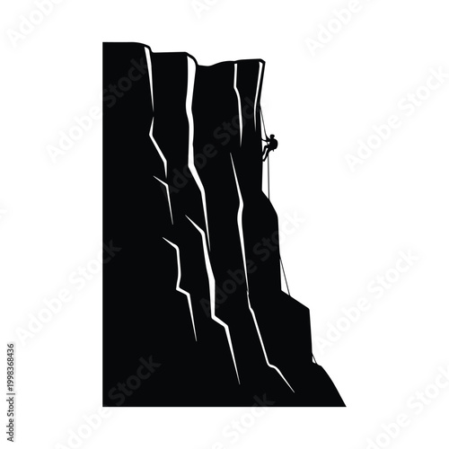 Silhouette climber scaling steep rock face with rope vector illustration