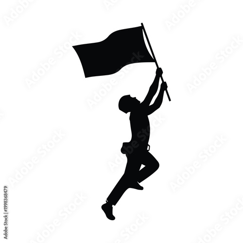 Silhouette of climber holding flag on mountain summit vector art