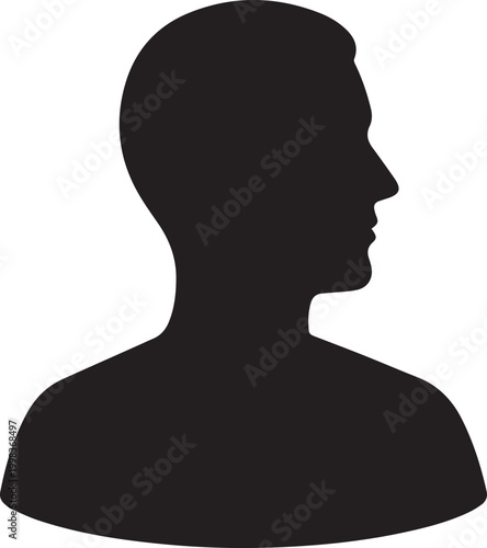 Black silhouette of a man's head and shoulders isolated on white background