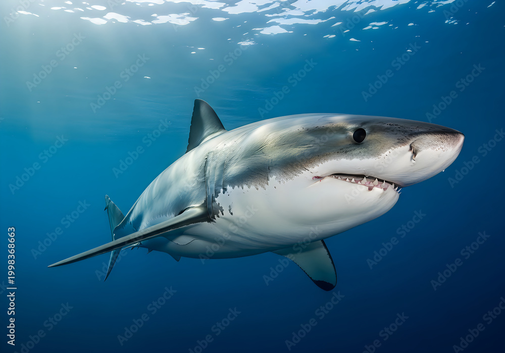 Naklejka premium Magnificent great white shark glides through deep blue ocean waters displaying power and grace in its natural habitat