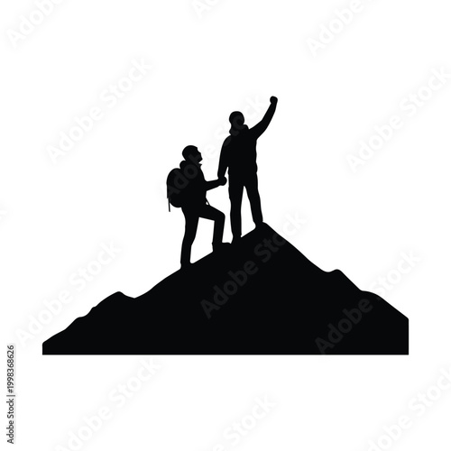 Two mountaineers reaching mountain peak silhouette vector graphic