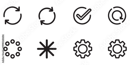 Bold system icons for settings, updates, and status indicators