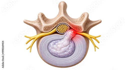 Herniated Spinal Disc with Nerve Compression and Inflamed Disc Bulge Illustration Isolated on White Background