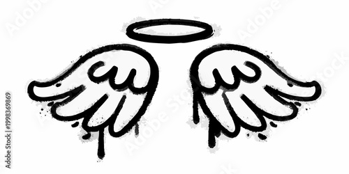 grunge angel wings with halo on white background