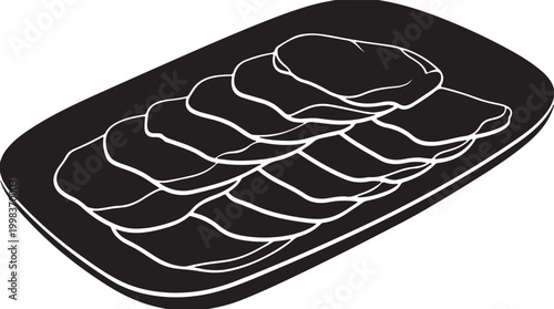 A black and white illustration of sliced food items arranged on a rectangular black plate, suggesting a meal or appetizer