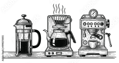 Set of coffee brewing devices including french press pour over and espresso vector.