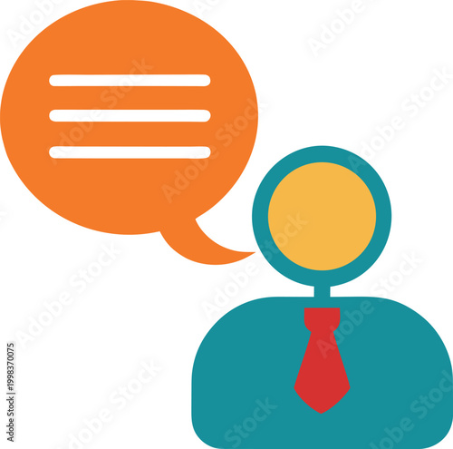 Flat business consultant icon with speech bubble, professional advisor avatar with necktie, customer support representative symbol for web design