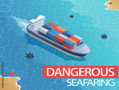 The dangers of modern shipping and cargo transportation at sea. Isometric cargoship vector illustration