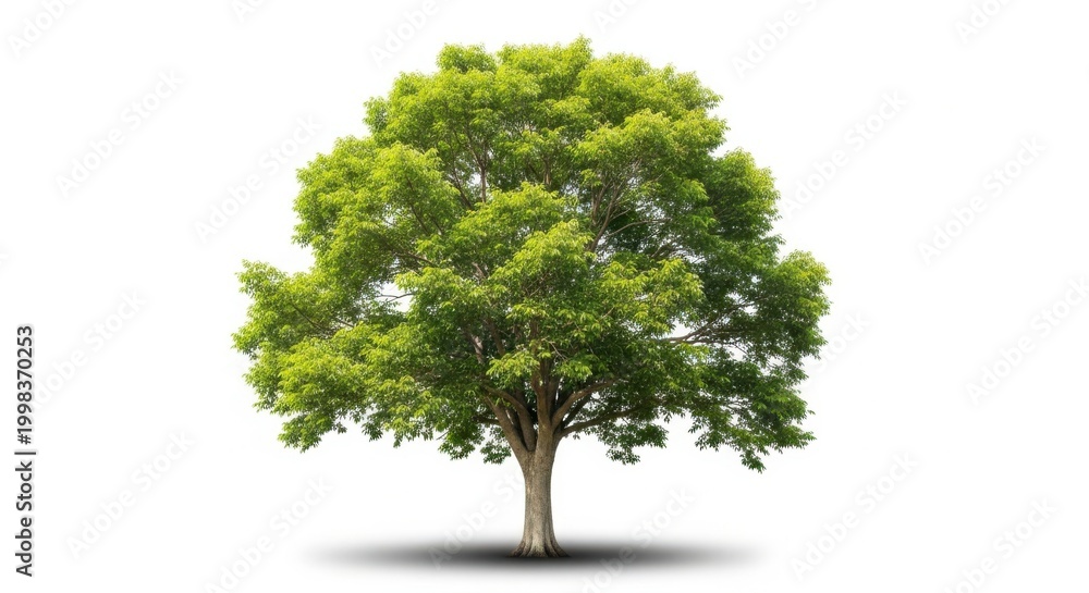 Fototapeta premium A lush, vibrant green tree with a full canopy and detailed foliage, isolated on white background