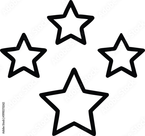 Minimalist star icons set, black outline star shapes on white background, simple geometric star symbols for rating and ranking systems