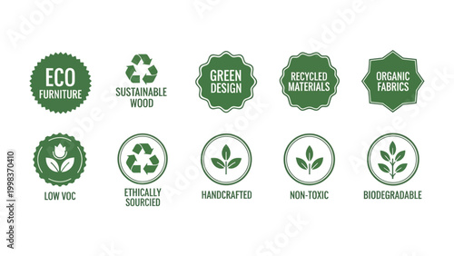 Eco-Friendly Badges: Collection of eco-friendly badges representing sustainable practices, organic materials, and green design for environmentally conscious consumers.