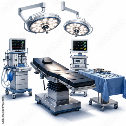 Vector design High-tech operating room interior with operating table and medical monitoring system, isolated on white background.