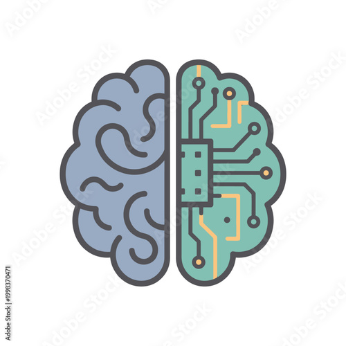 A brain with a circuit board and microchip is divided into two parts