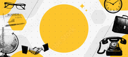 Business collage with stipplism elements depicting office tools and professional handshake. Graphic vector illustration for corporate presentation and career development concept banner.