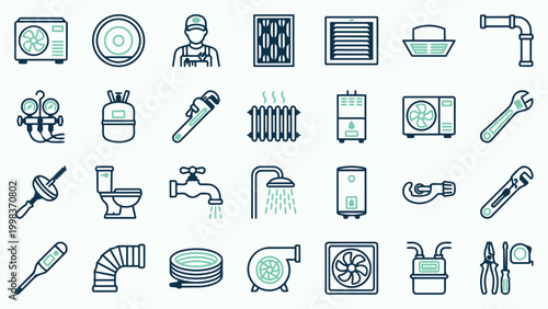 HVAC and Plumbing Service Icon Set for Home Maintenance and Repair