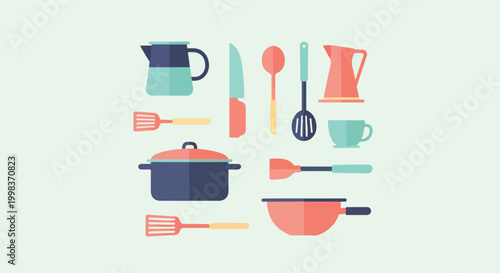 A vector illustration featuring a minimalist collection of kitchen utensils and cookware in soft pastel colors on a pale green background.