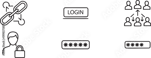Cybersecurity icons chains locks monitors and data protection symbols in black and white